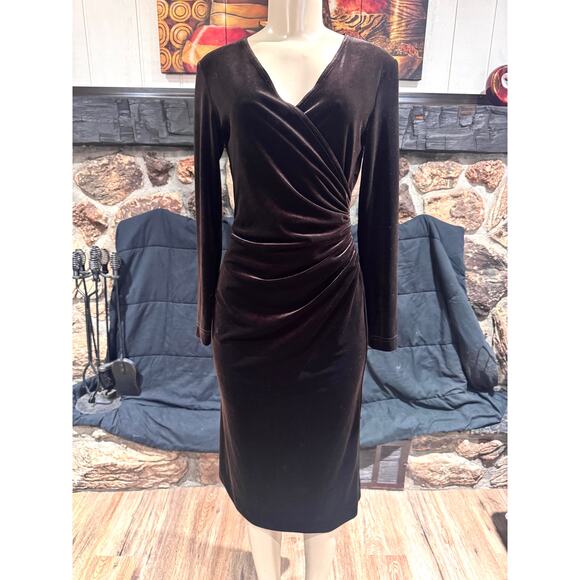 Vintage TADASHI Long Sleeve Draped Brown Velvet Dress SZ S Romantic Whimsical PS - Picture 1 of 8
